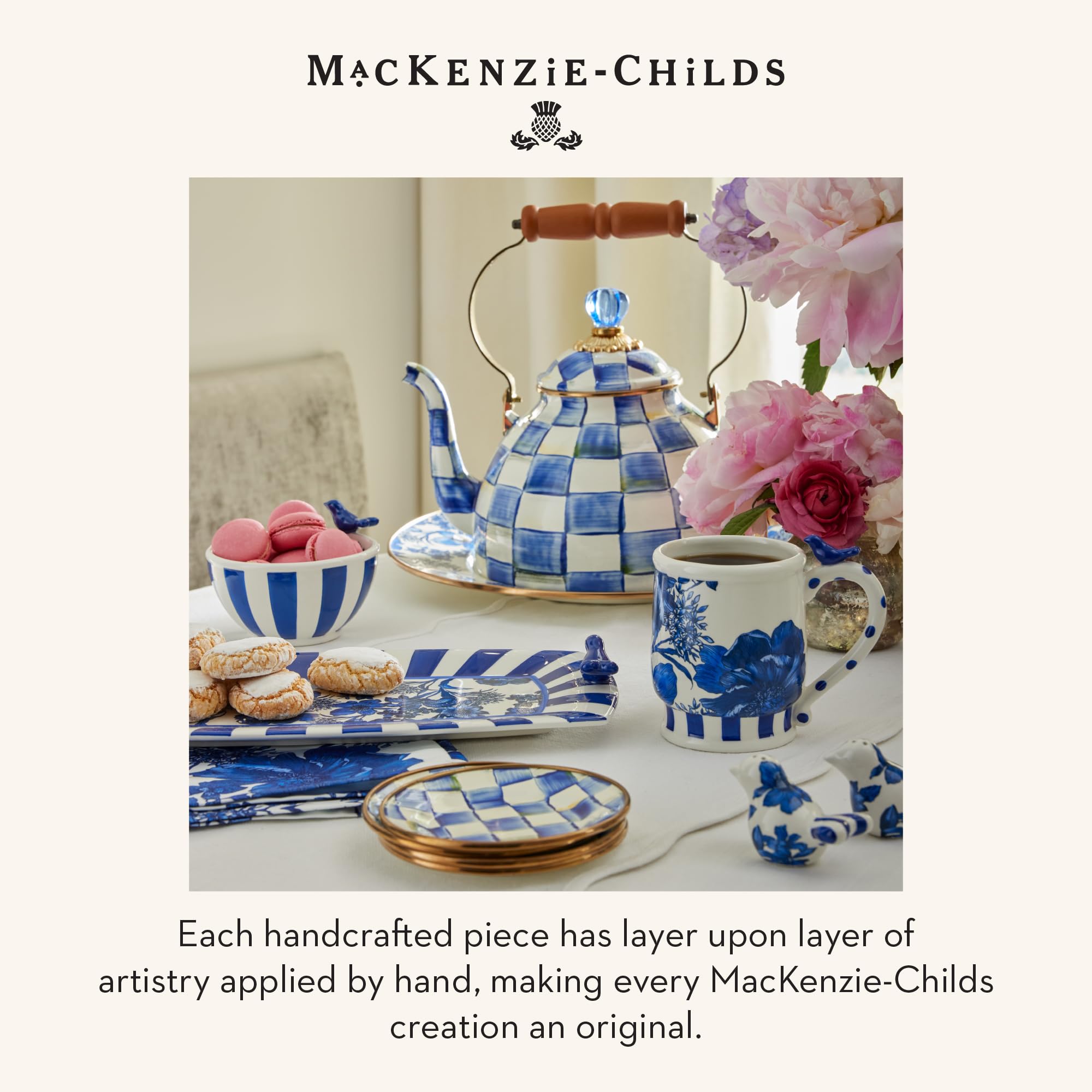MACKENZIE-CHILDS kettle styled on counter adding colorful kitchen decor