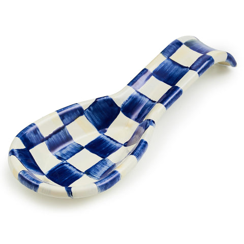 MACKENZIE-CHILDS spoon rest front view showing blue-and-white checks and neat storage benefit