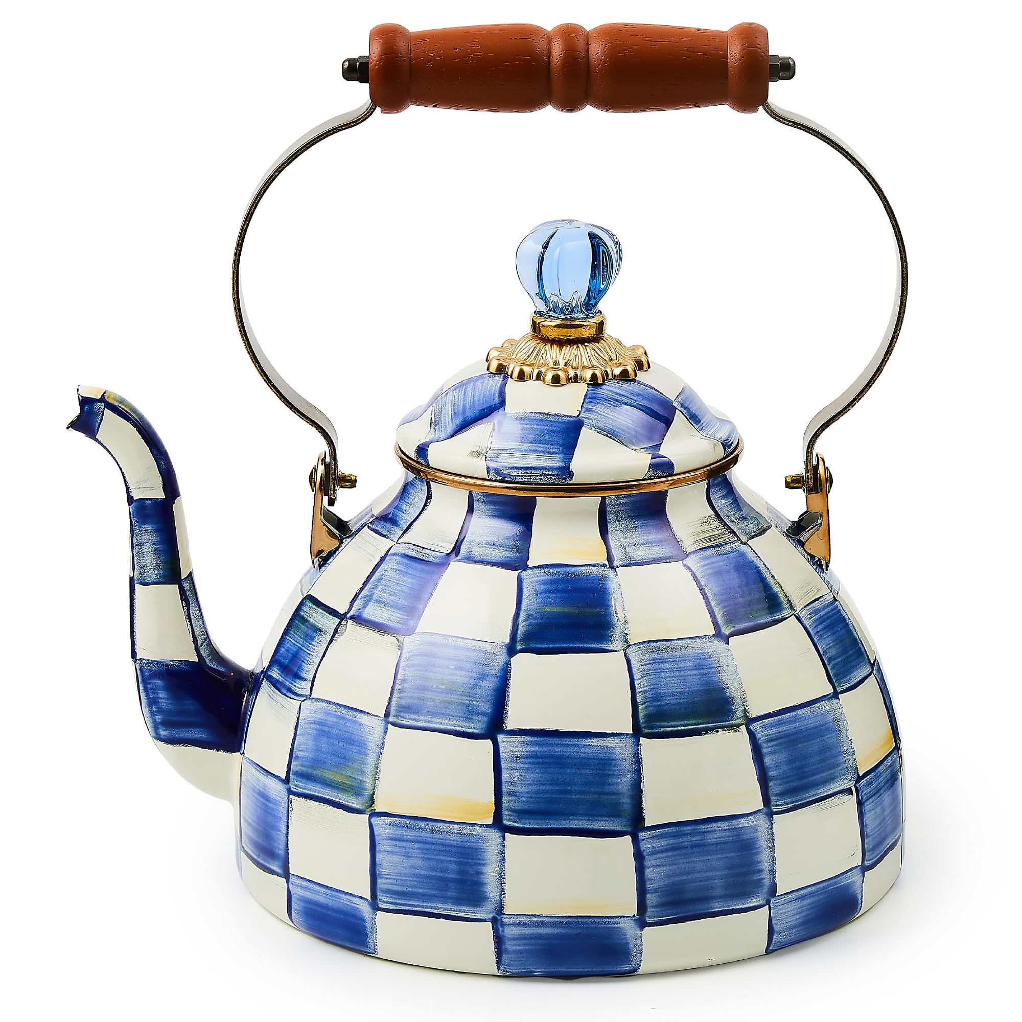 MACKENZIE-CHILDS front view of kettle showing Royal Check pattern and charm