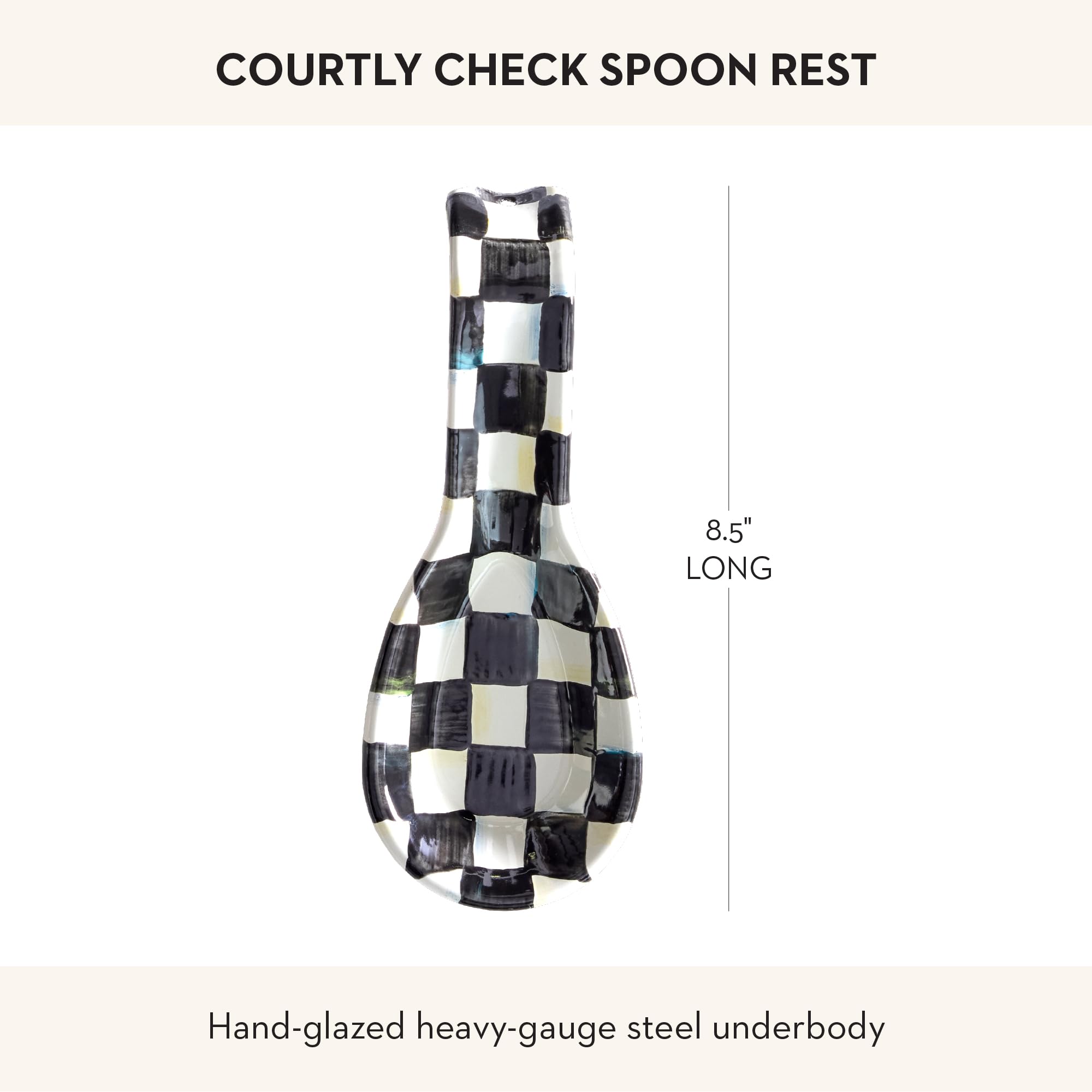 MACKENZIE-CHILDS spoon rest next to utensil illustrates practical size