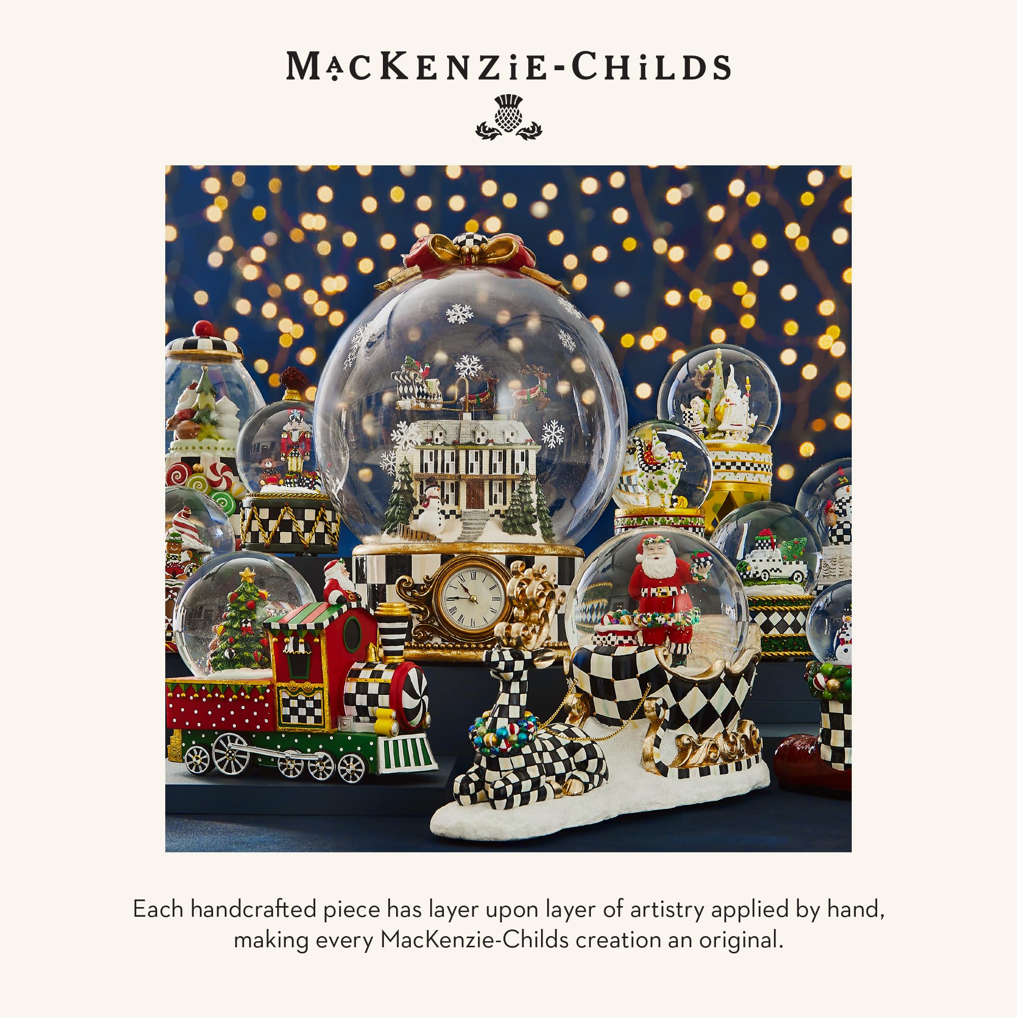 MACKENZIE-CHILDS styled mantel with globe, garland, and candles showing seasonal styling ideas