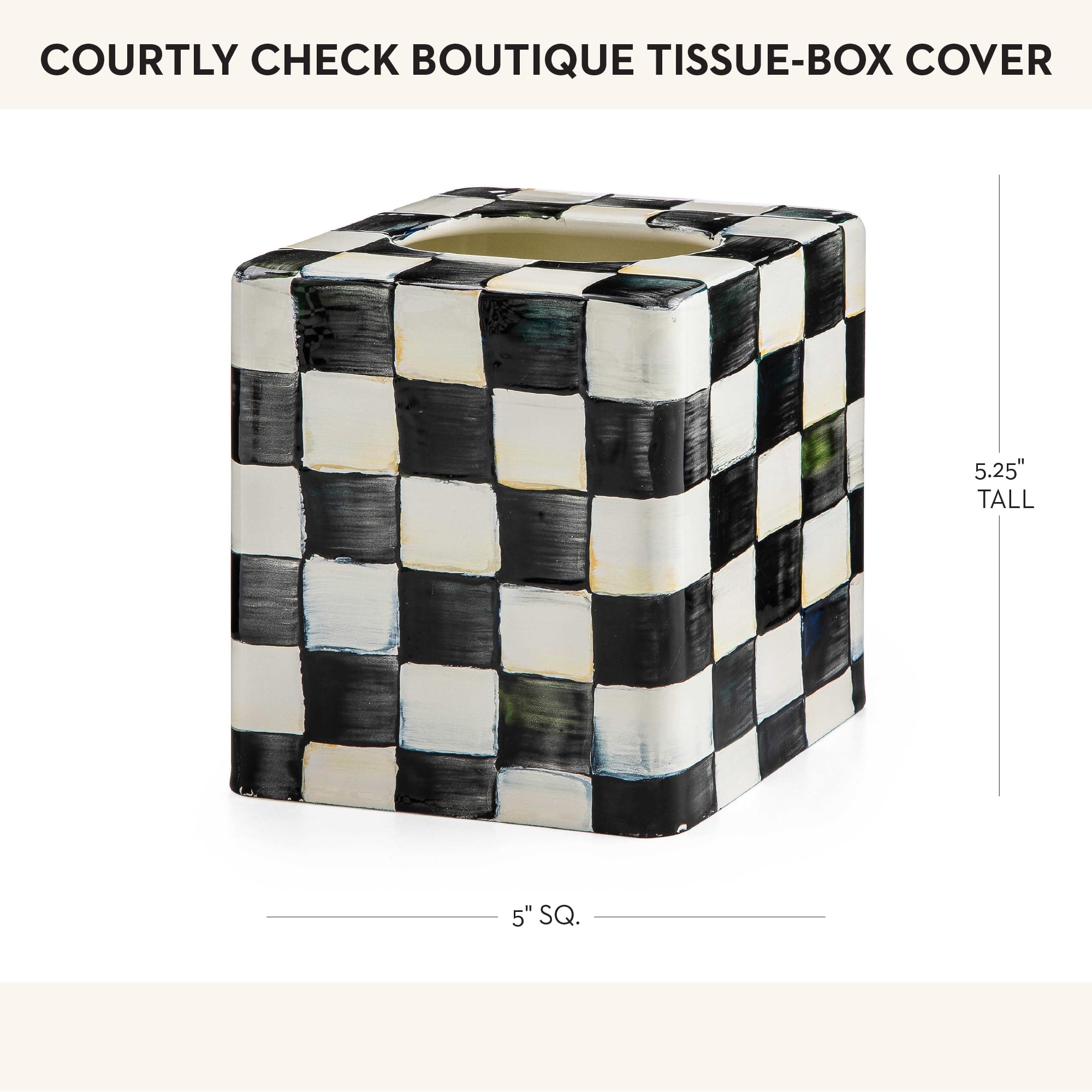 MACKENZIE-CHILDS tissue-box cover placed on bathroom counter for polished look