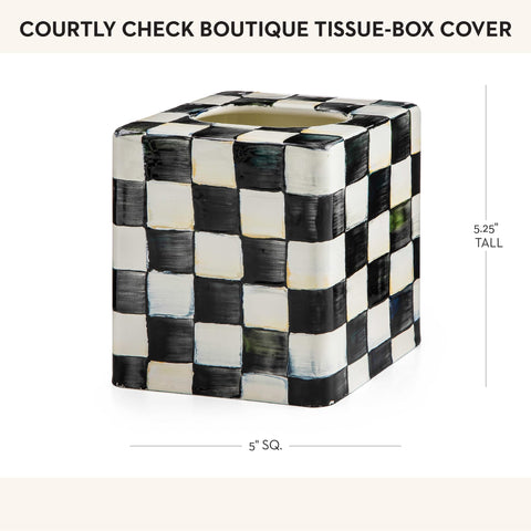 MACKENZIE-CHILDS tissue-box cover placed on bathroom counter for polished look