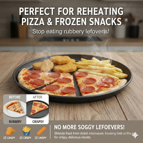 MACONEE crisper pan inside microwave demonstrating fast crisping and convenience