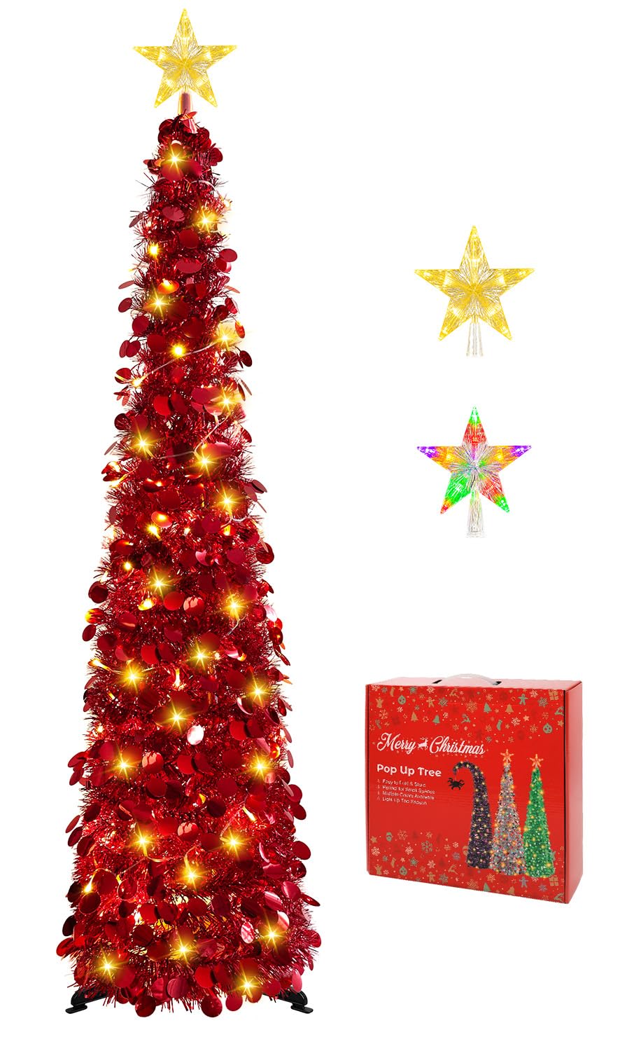 MACTING 5FT pop up tree front view showing festive red tinsel and star topper, instant holiday centerpiece