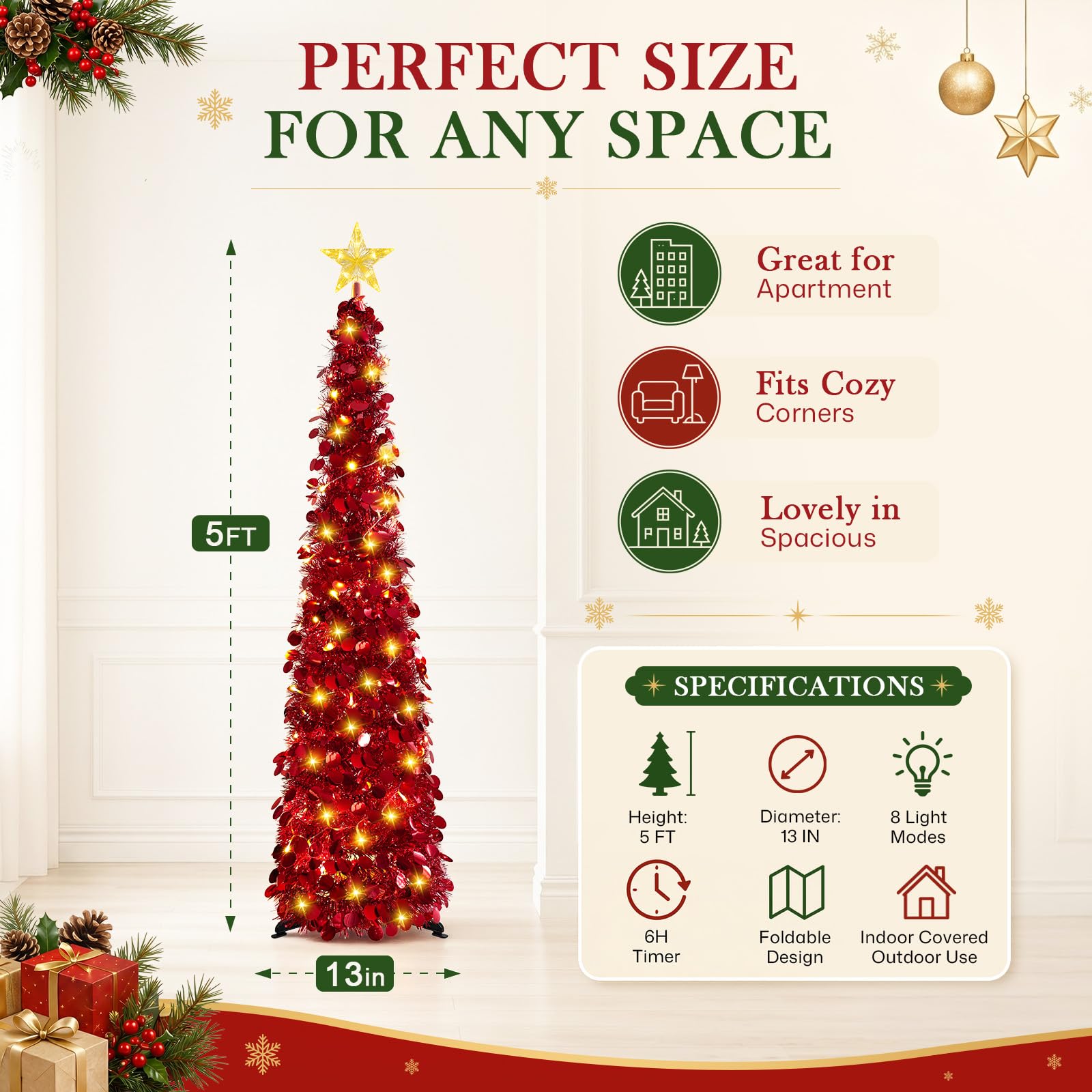 MACTING 5FT tree placed in an apartment corner, space-saving decor with battery power convenience