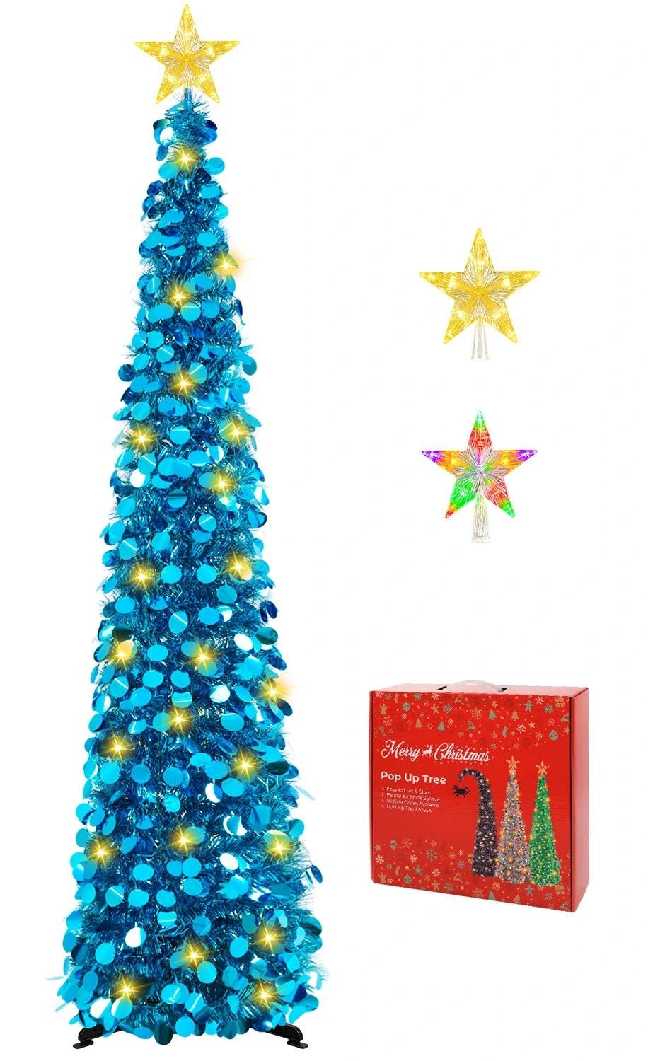 MACTING front view of blue 5ft tree showing coastal sparkle and compact design benefit