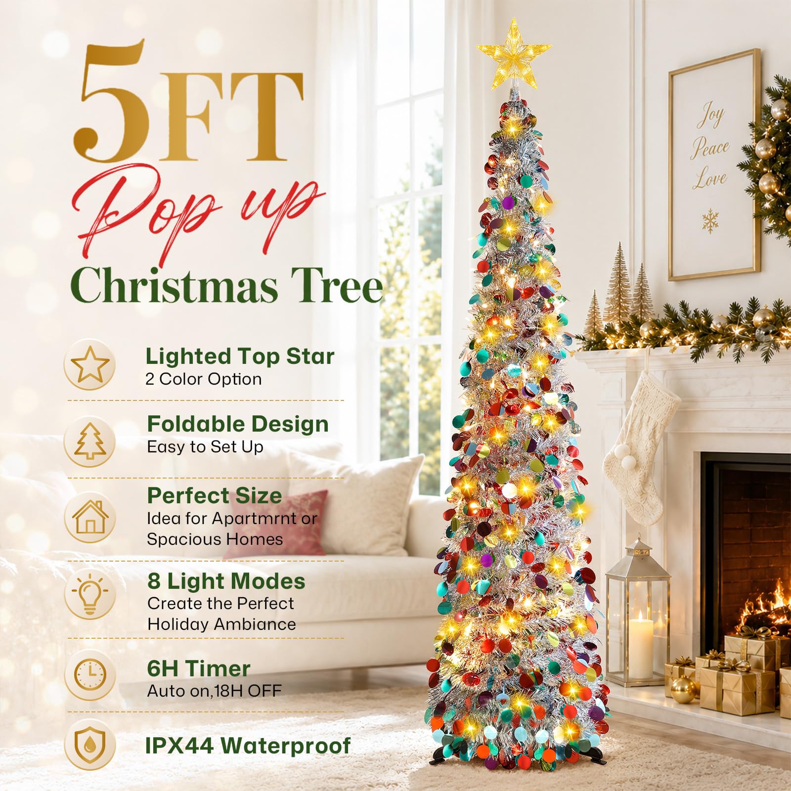 MACTING tree beside sofa for scale showing ideal fit in small spaces