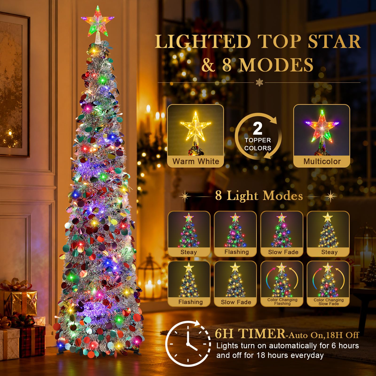 MACTING close-up of lighted top star showcasing bright LED focal point