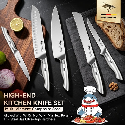 MAD SHARK arranged chef, santoku, bread, utility, and boning knives highlighting versatile uses