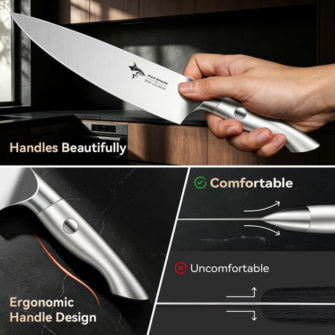 MAD SHARK ergonomic full-tang handle close-up for balanced comfortable grip and control