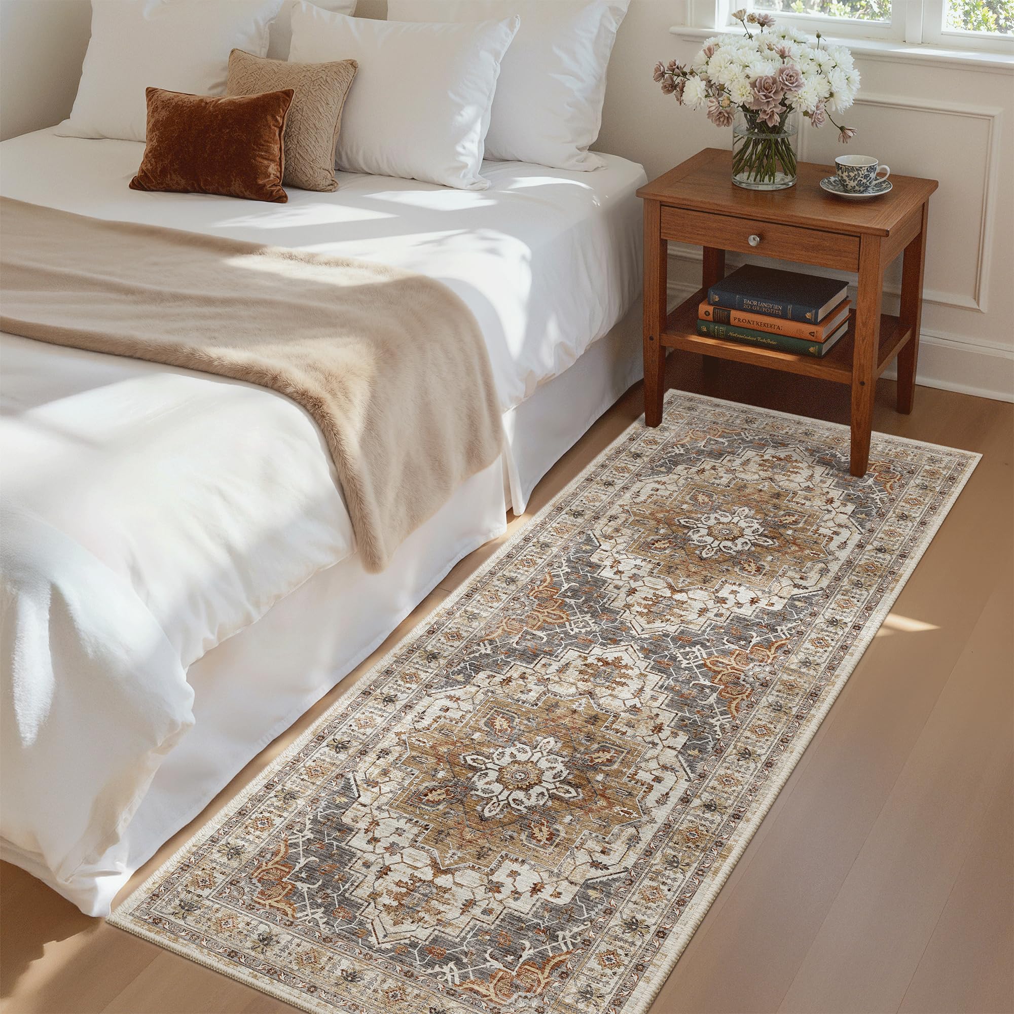 Madane front view of turmeric grey runner showing pattern and balanced tone for décor