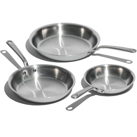 Made In frying pan set front view showing three sizes and polished finish for versatile cooking
