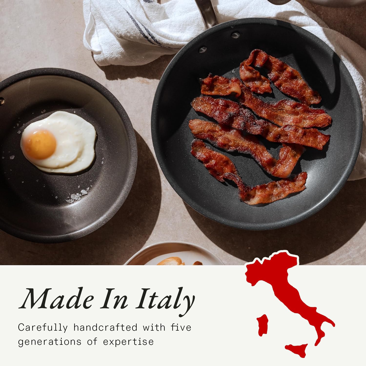 Made In pan cooking eggs on stovetop demonstrating fast release and easy cleanup