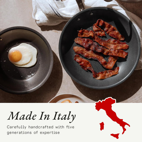 Made In pan cooking eggs on stovetop demonstrating fast release and easy cleanup