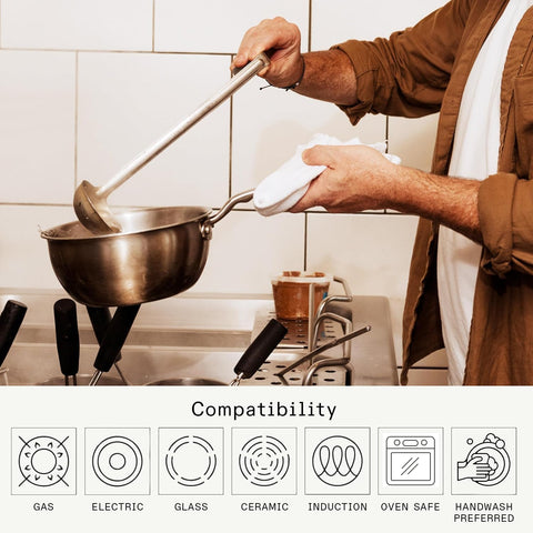 Made In saucier base demonstrating 430 stainless exterior for induction compatibility