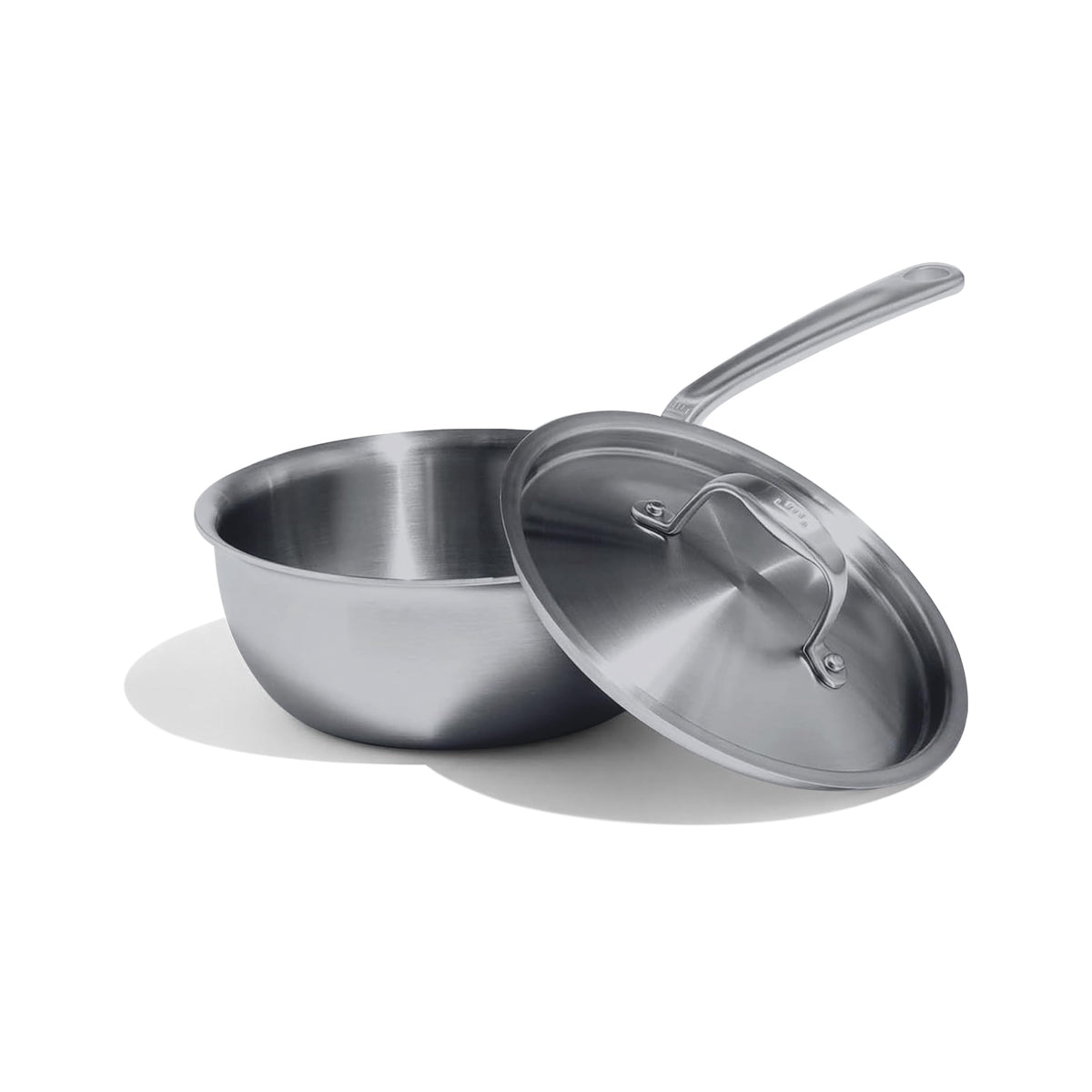 Made In saucier front profile showing polished exterior and rounded rim for efficient stirring