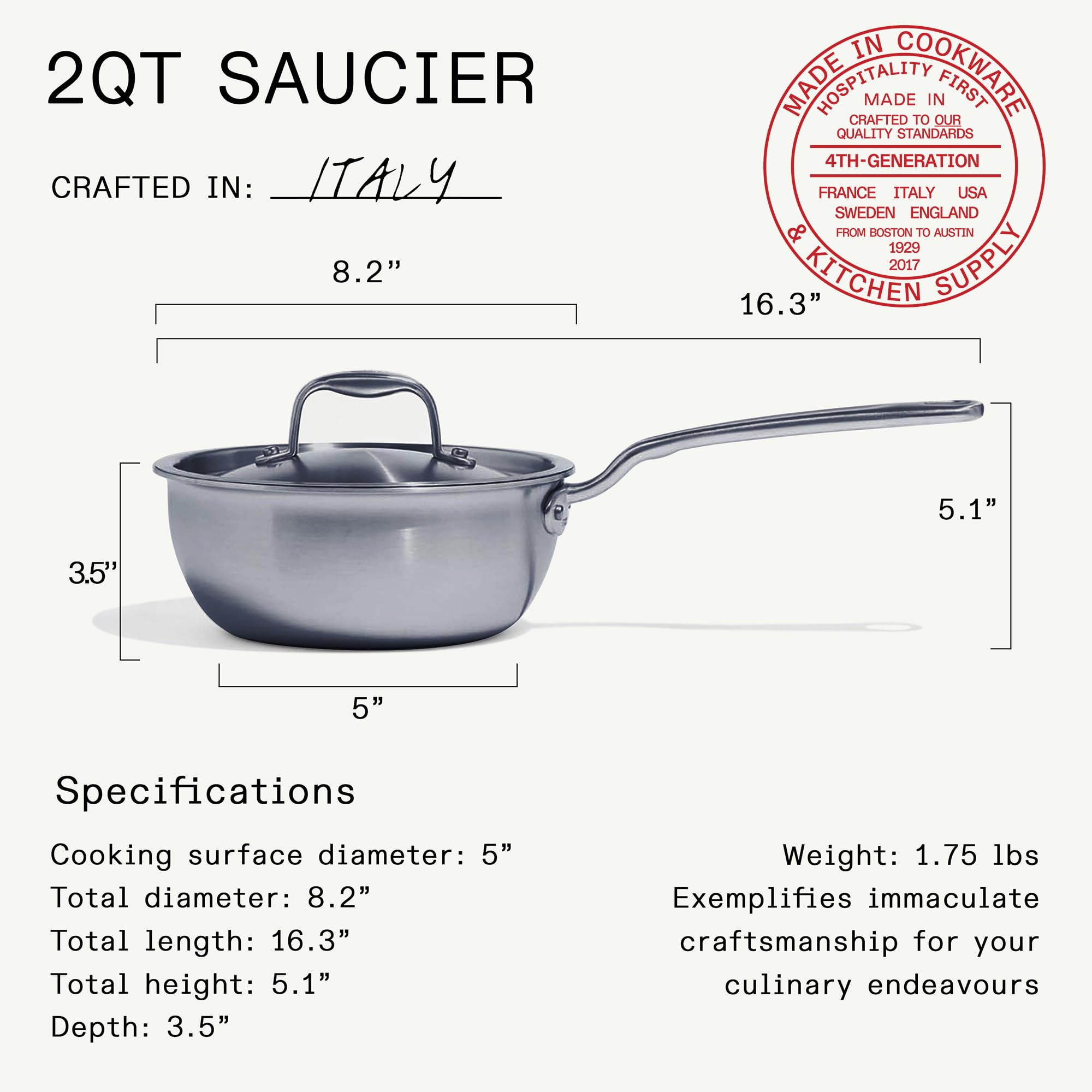 Made In saucier handle rivet detail showing secure stainless steel rivets and cooler grip