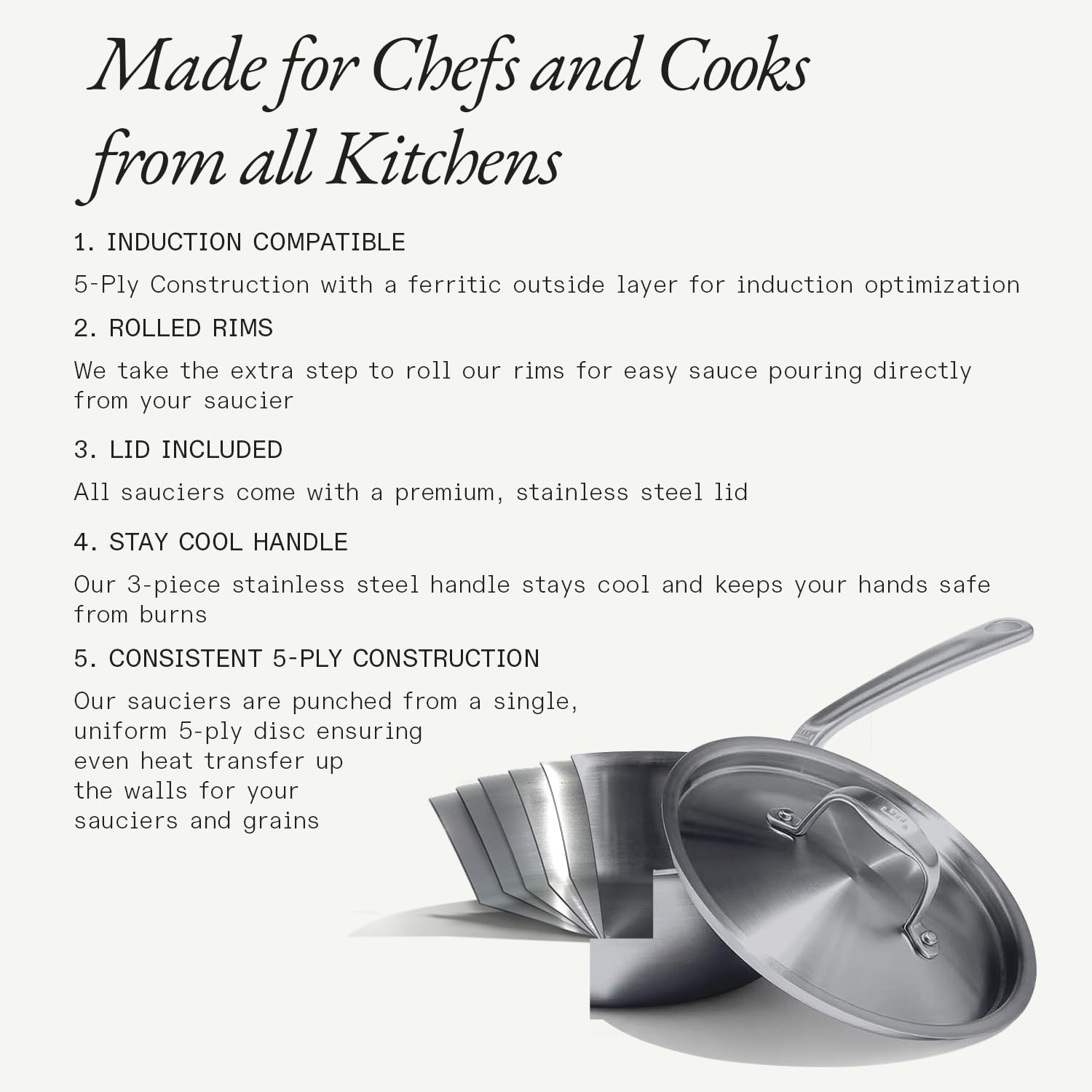 Made In saucier interior close-up highlighting curved walls for smooth whisking and folds