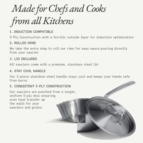Made In saucier interior close-up highlighting curved walls for smooth whisking and folds