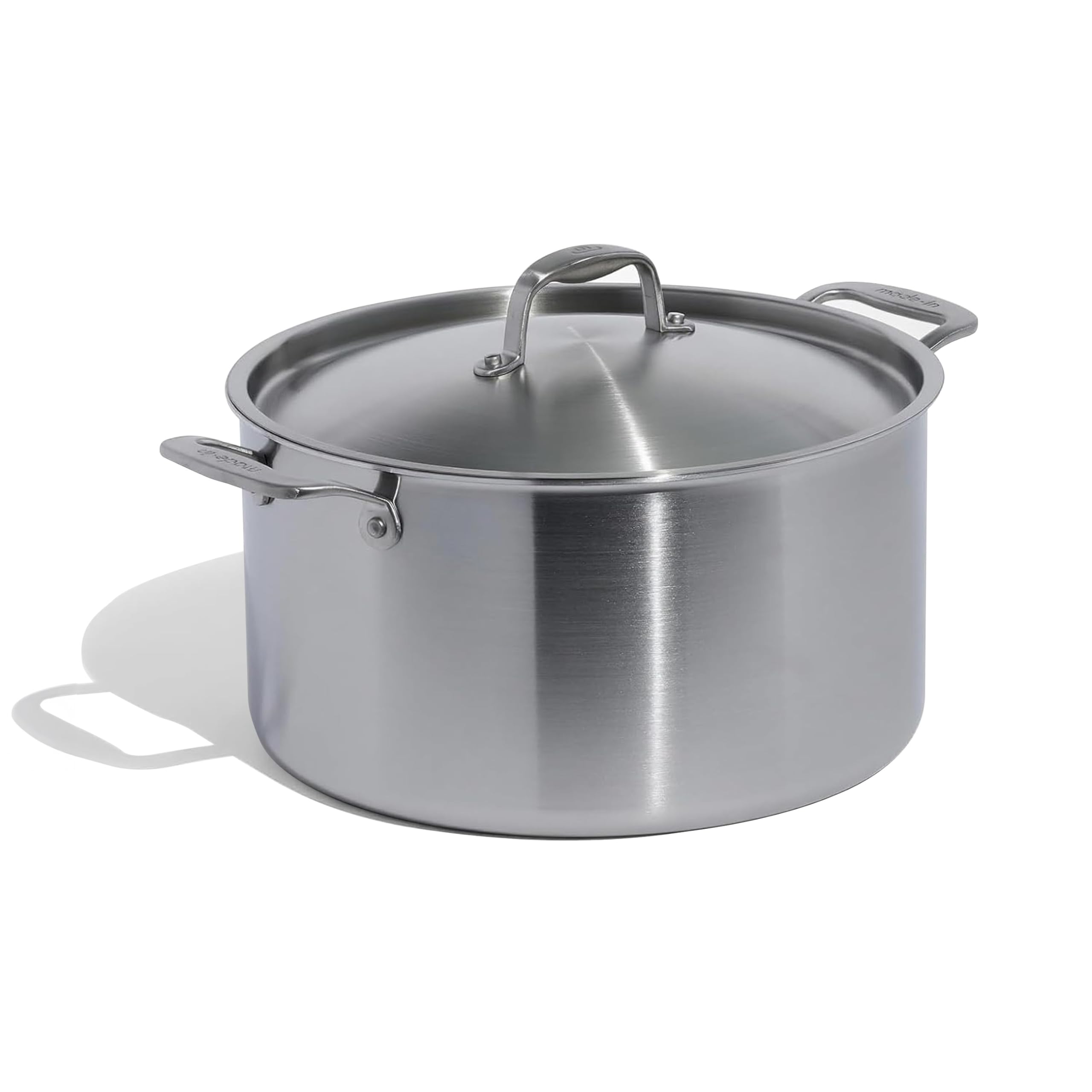 Made In stock pot front view showing polished finish and capacity benefit