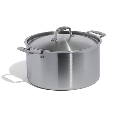 Made In stock pot front view showing polished finish and capacity benefit