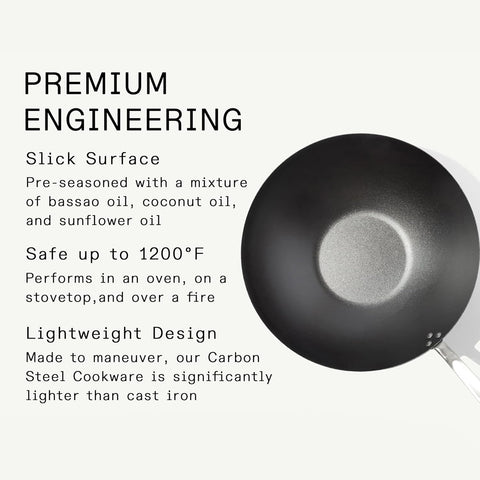 Made In wok handle detail showing secure grip and ergonomic control