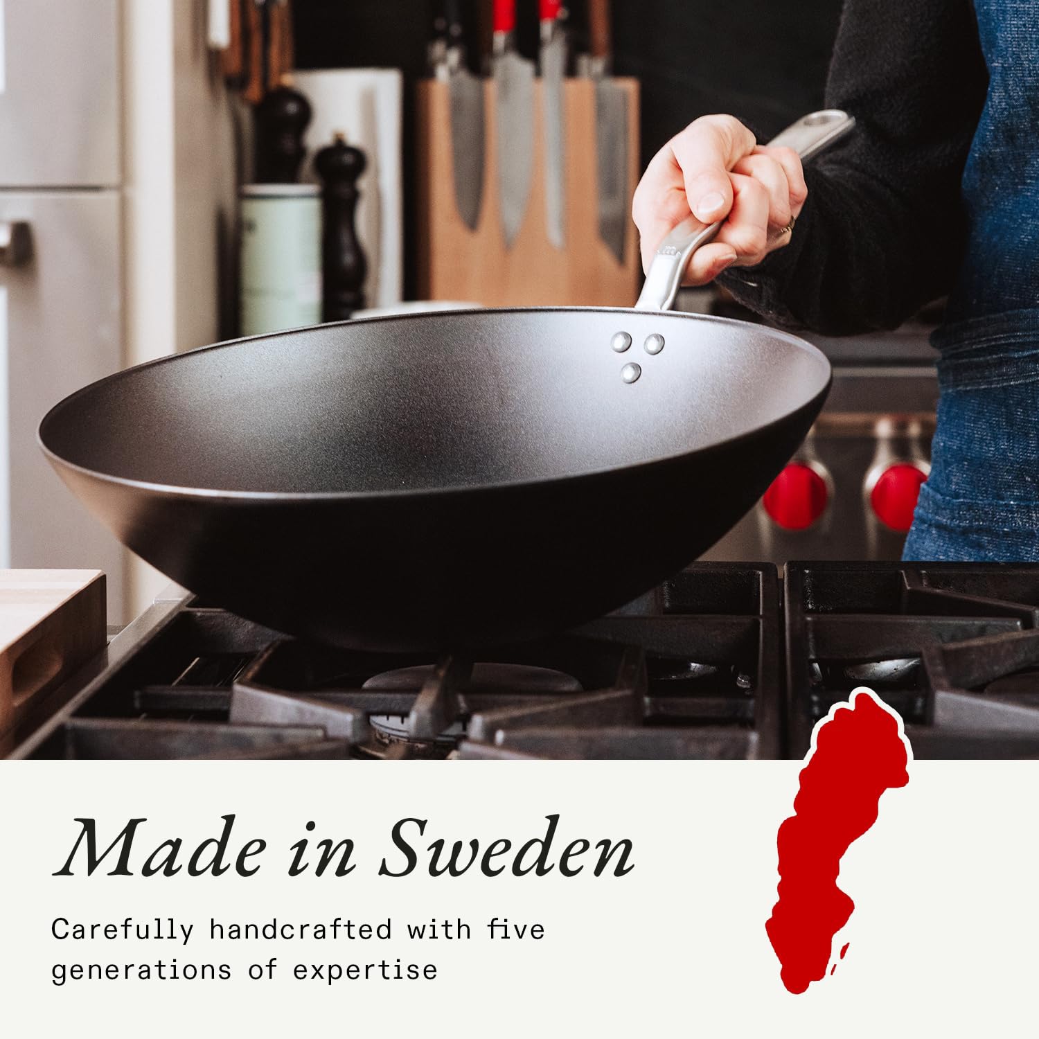 Made In wok size scale comparison showing 13.5-inch diameter for portioning