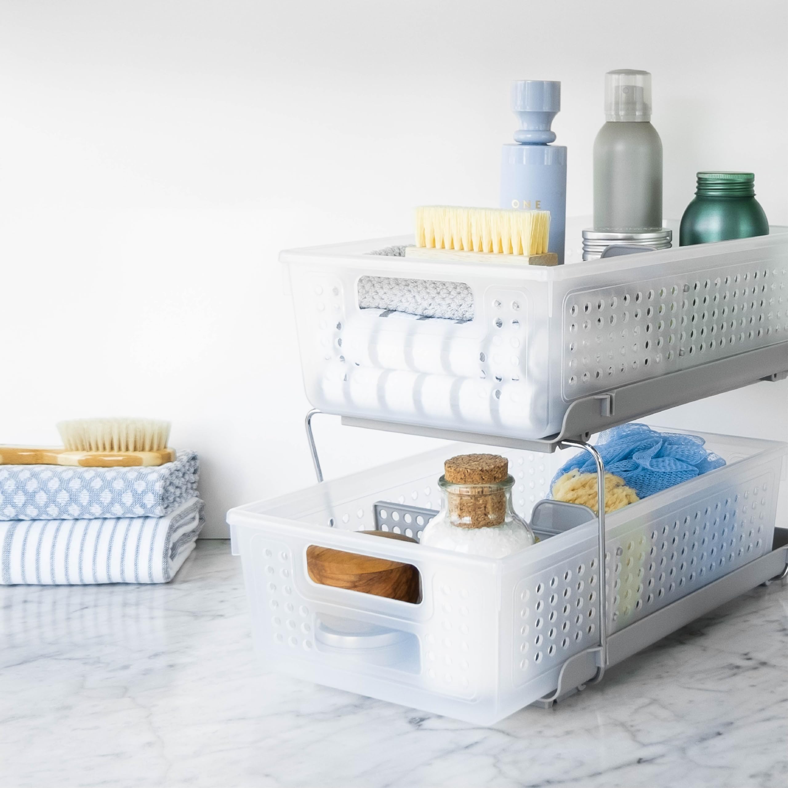 madesmart basket closeup with adjustable divider showing customizable compartments benefit organization