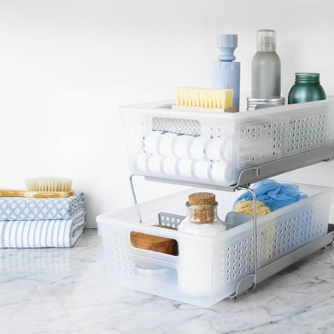 madesmart basket closeup with adjustable divider showing customizable compartments benefit organization