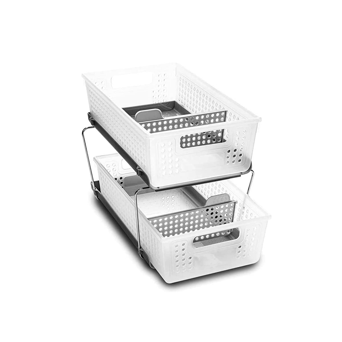 madesmart two tier front view showing clear frosted baskets and stackable design benefit easy access
