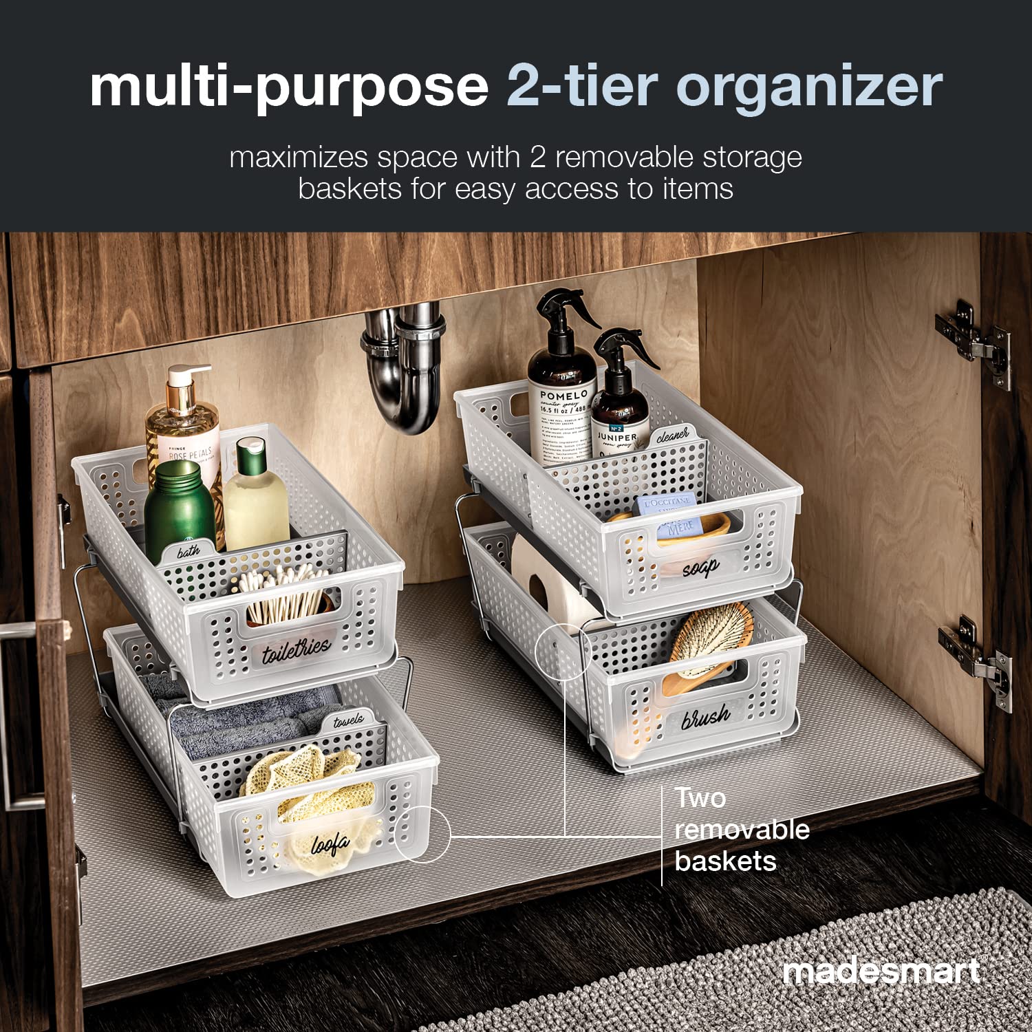 madesmart under sink setup with cleaning supplies organized benefit maximizes vertical space