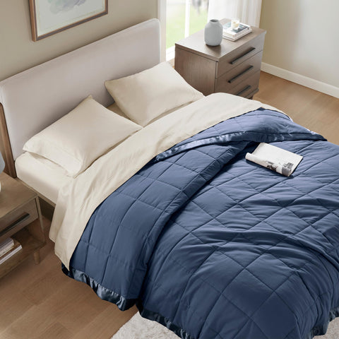 Madison Park blanket in living room reading scene showing comfort and relaxation benefit