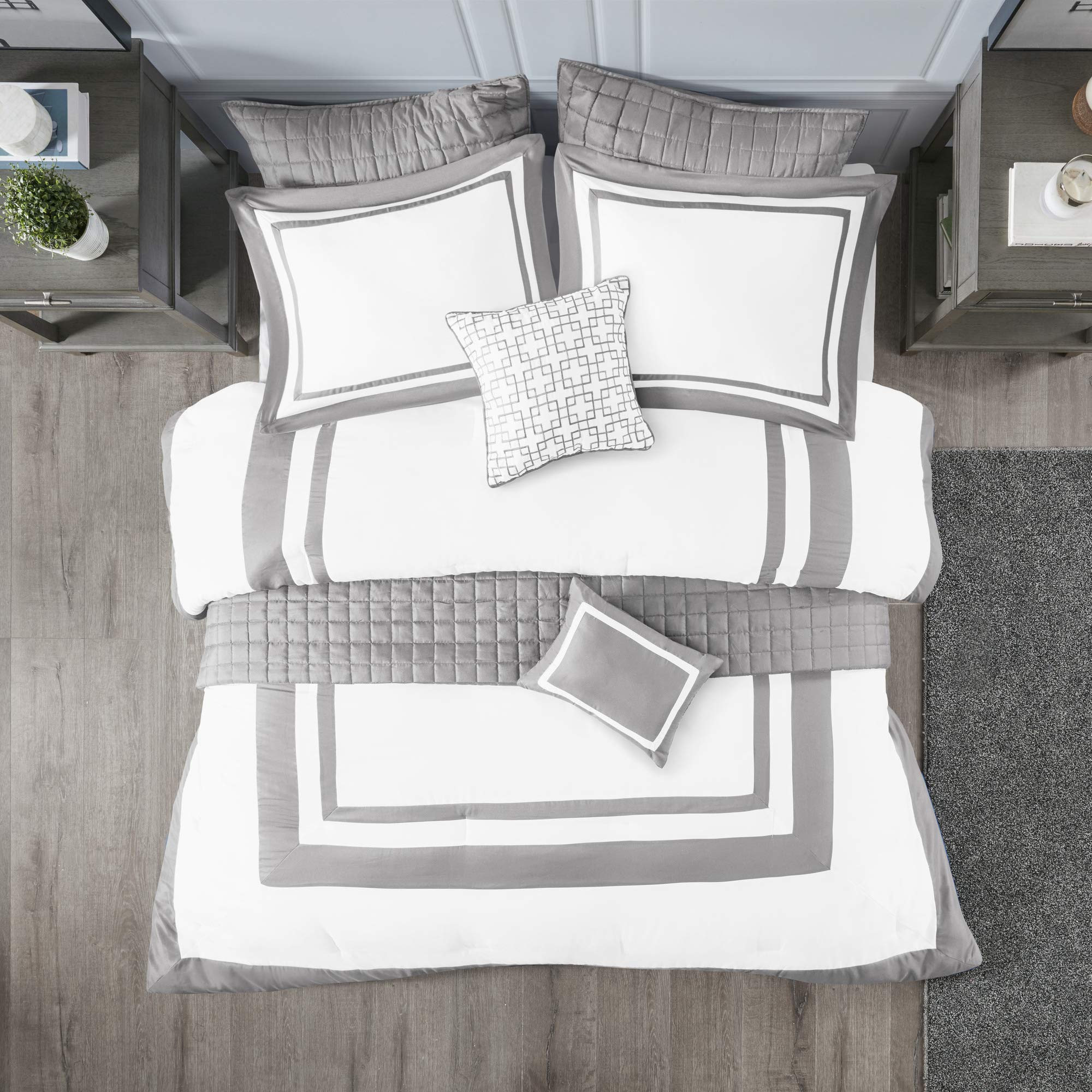 Madison Park comforter front view showing grey border and white center for polished look