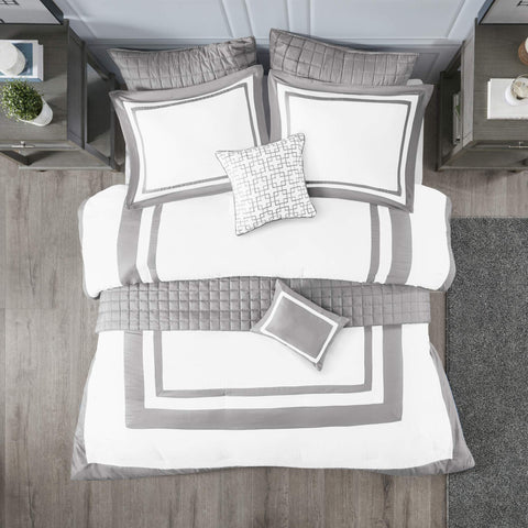 Madison Park comforter front view showing grey border and white center for polished look
