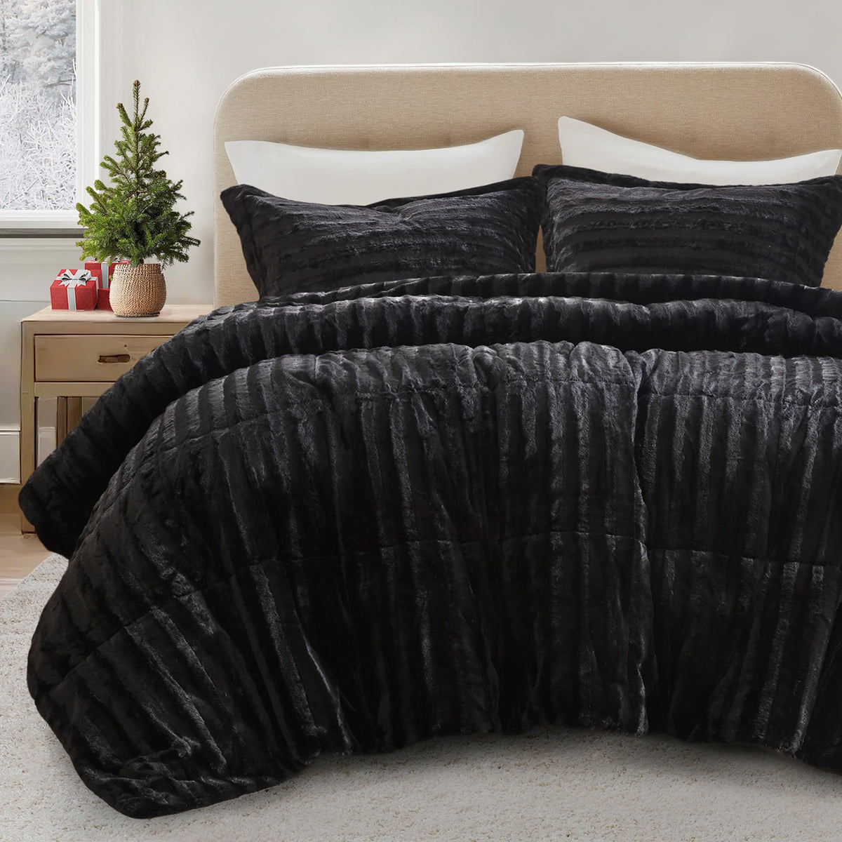 Madison Park Duke front view showing full black faux fur comforter and shams, creates luxe bedroom