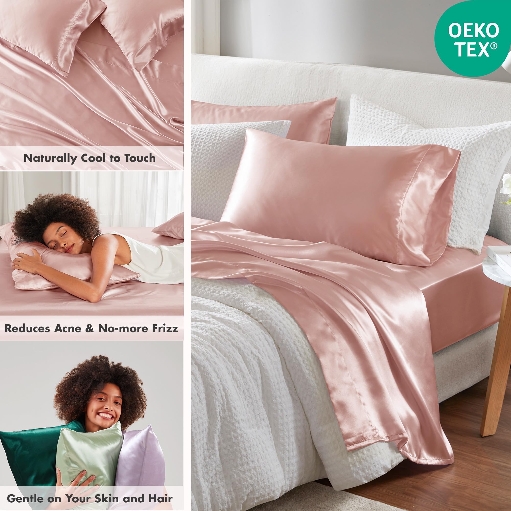 Madison Park flat sheet spread out fully to display size and smooth satin drape for neat tucking