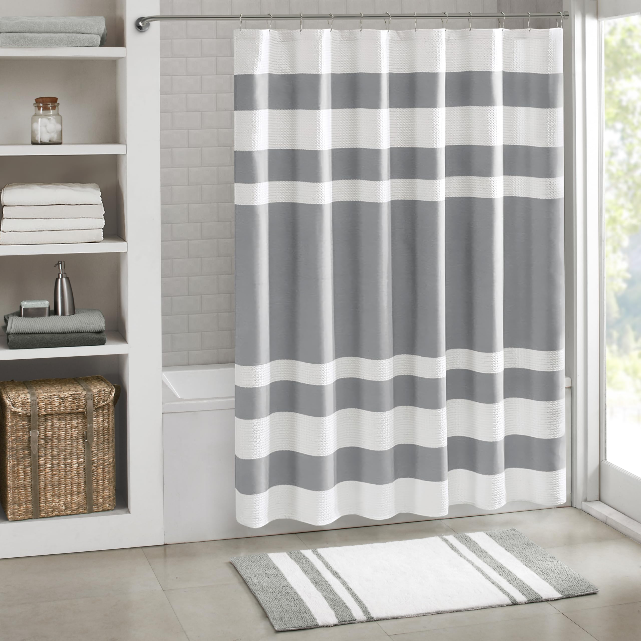 Madison Park front view of grey spa waffle shower curtain adds calm