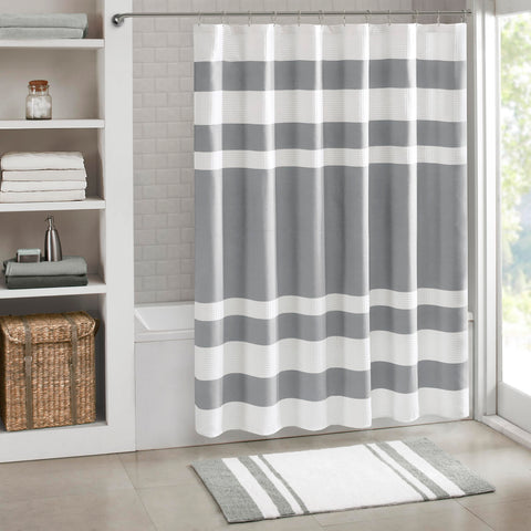 Madison Park front view of grey spa waffle shower curtain adds calm
