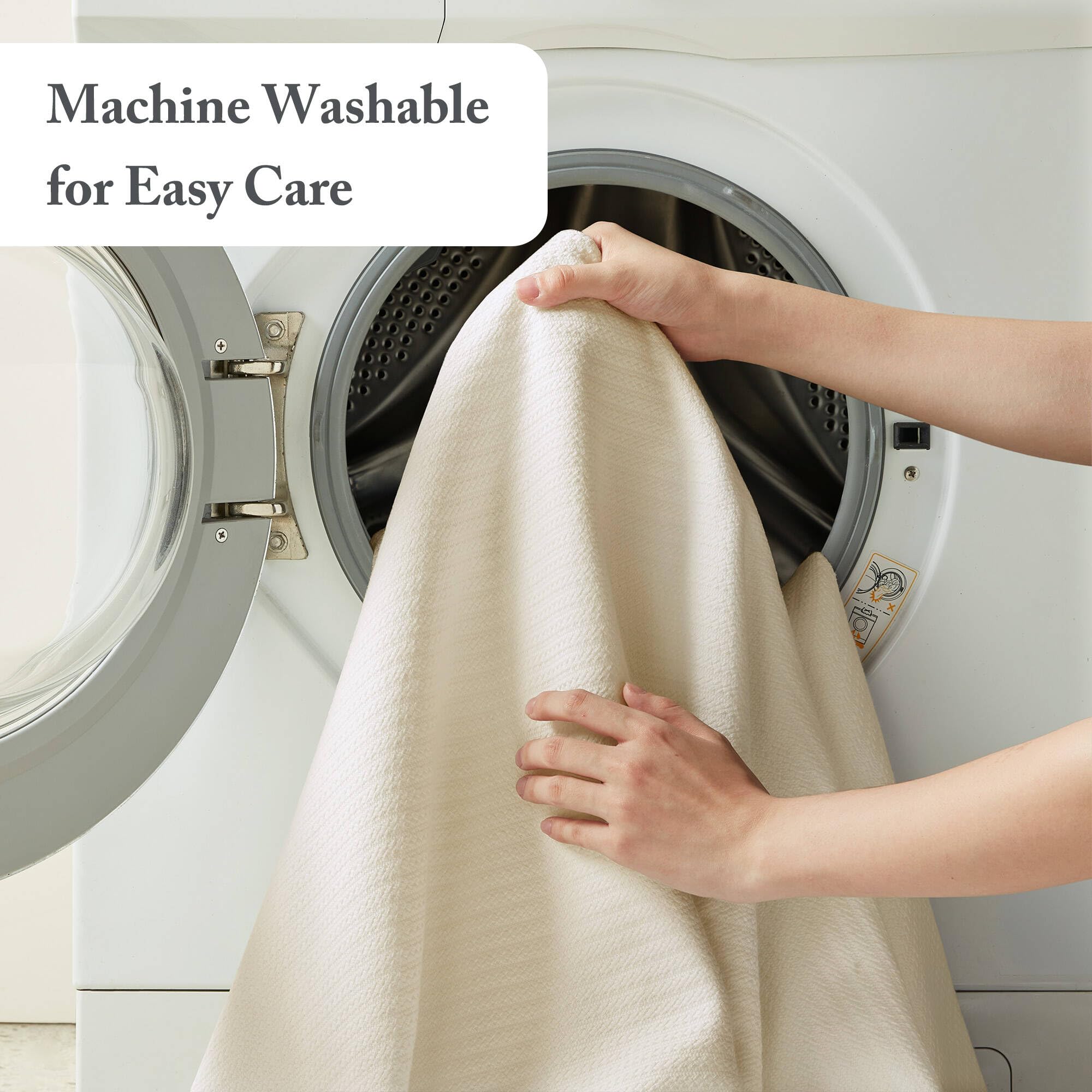 Madison Park blanket in washing machine illustrating easy care