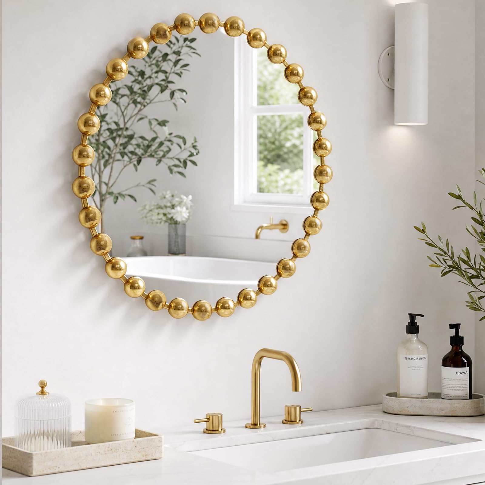 Madison Park Marlowe 36" front view showing round gold mirror and clear reflection