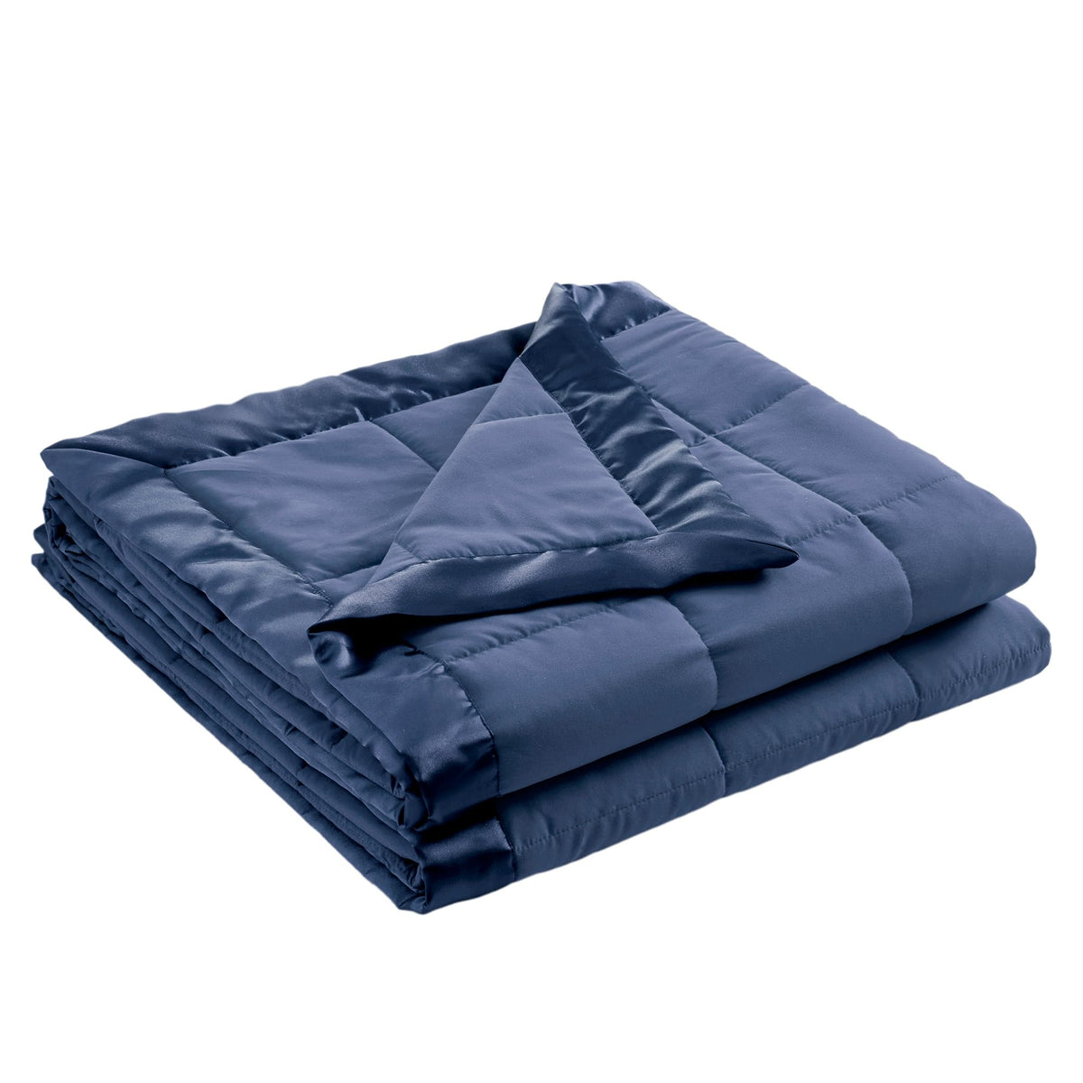 Madison Park front view navy blanket showing neat satin trim and neat finish for a polished bed