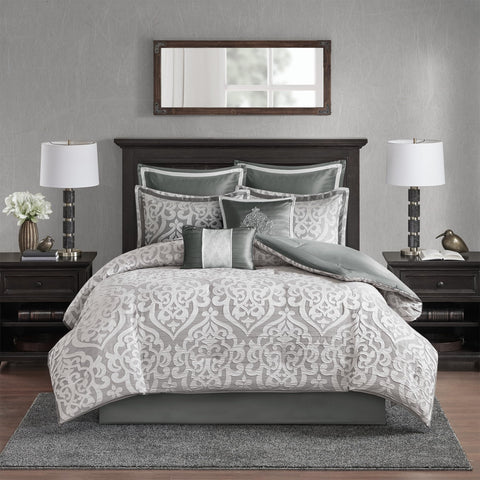 Madison Park front full bed view showing silver jacquard elegance and ready-made styling