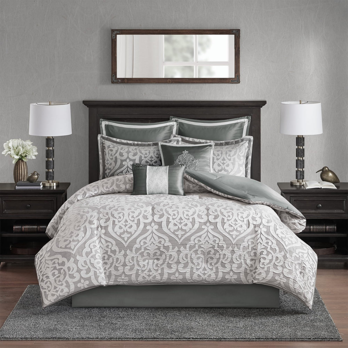Madison Park front view of full queen comforter set showing finished look and elegance