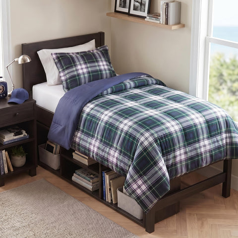 Madison Park front view of navy plaid comforter showing classic styling and cozy look