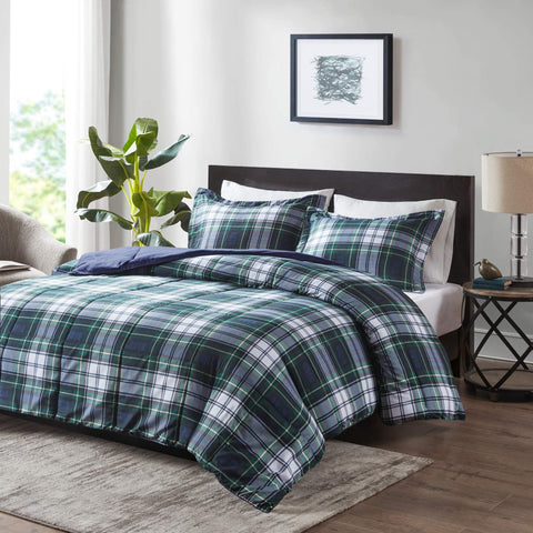 Madison Park front view of navy plaid comforter set showing full bed styling and cozy look