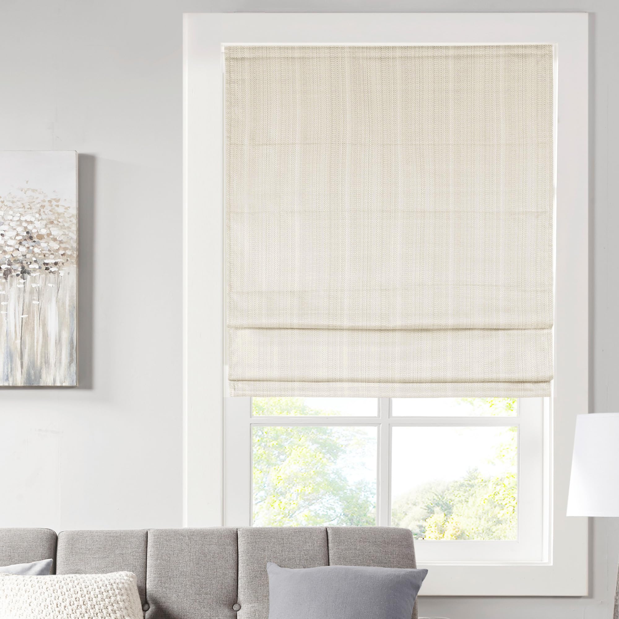 Madison Park front view of roman shade showcasing ivory weave and polished look