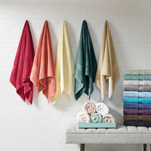 Madison Park size comparison display of bath towel and hand towel showing generous dimensions for coverage