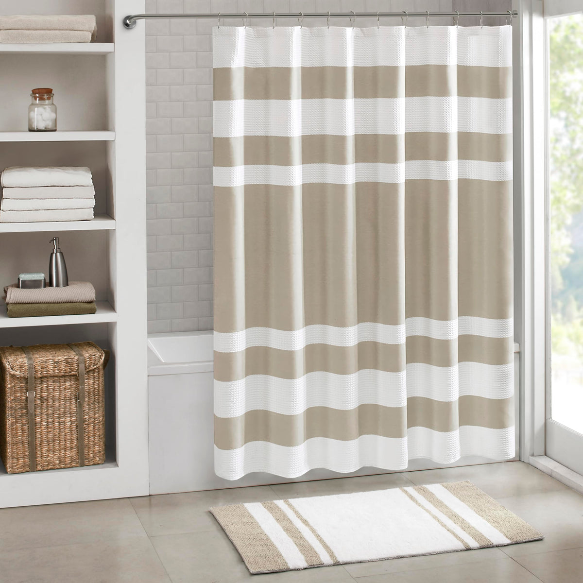 Madison Park front view of waffle shower curtain shows spa look and easy styling