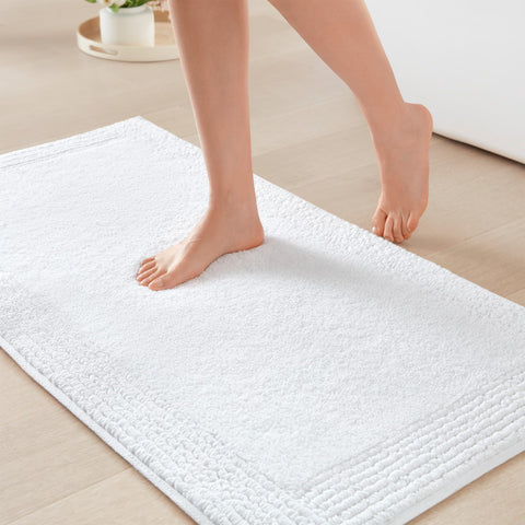 Madison Park front view of white bath rug showing plush cotton surface and clean styling